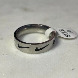 Nike Ring - Black Swoosh Pattern - Silver Ring - Size 10 - Unisex - Y2K